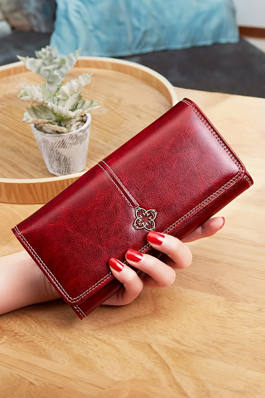 Burgundy Faux Leather Vintage Decor Bifold Long Wallet