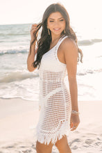 White Crochet Fishnet Fringed Edge V Neck Beach Cover Up