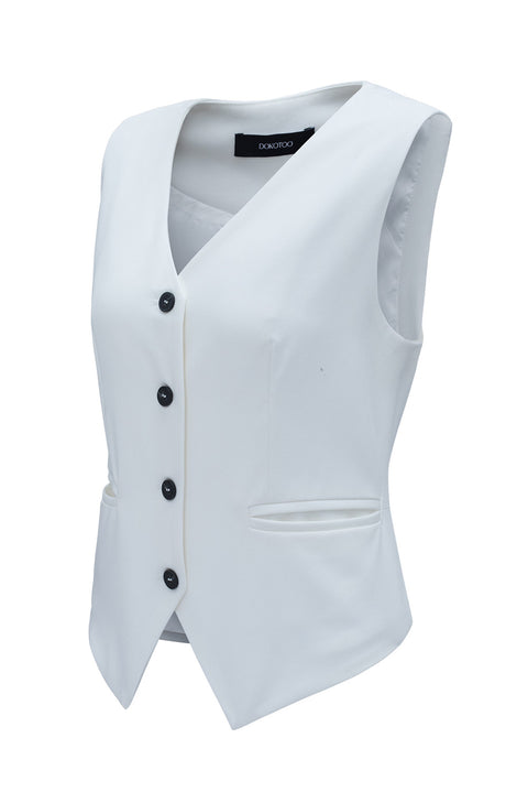 White Solid Color Button up V Neck Suit Vest