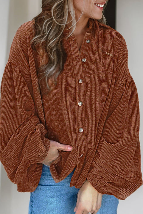 Coffee Textured Corduroy Puff Sleeve Shacket