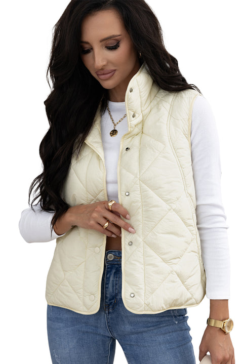 Beige Quilted High Neck Button Up Pocket Vest Coat