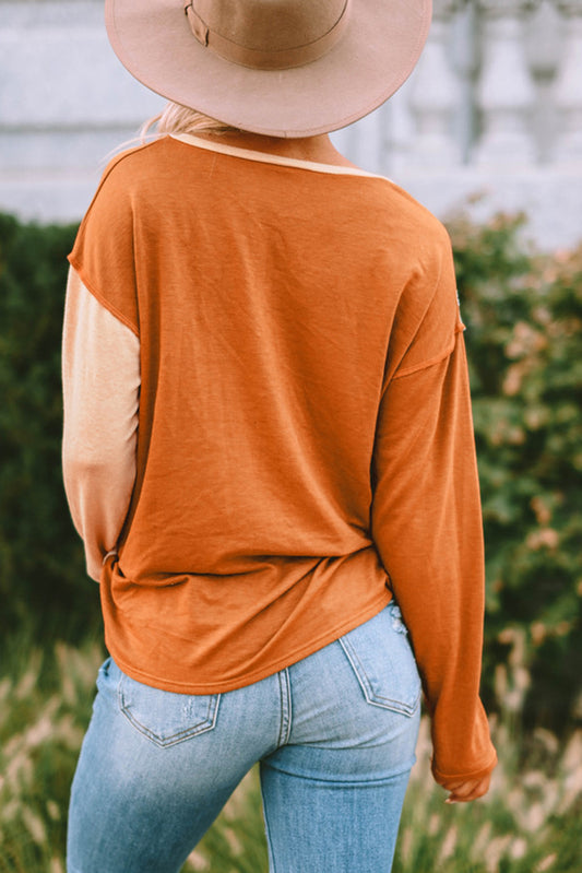 Top henley de manga larga con empalme de bloques de color a rayas 