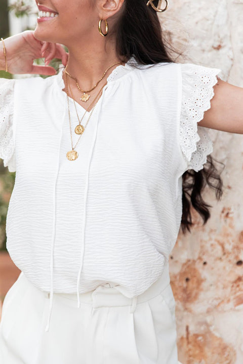 White Embroidered Ruffle Trim Textured Blouse