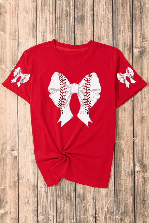 Red Baseball Bowknot Graphic Relaxed T Shirt