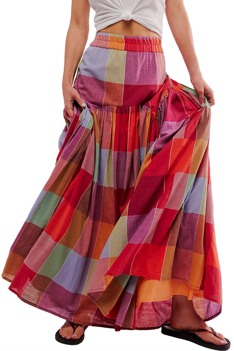 Multicolour Plaid Print Ruched High Waist Casual Maxi Skirt