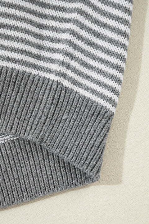 Gray Stripe Geometric Textured Drop Shoulder Sweater