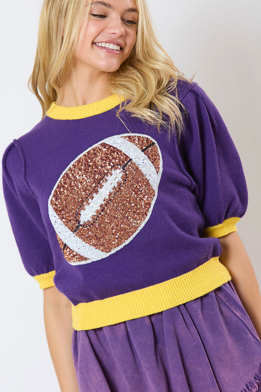 Purple Sequin Rugby Color Block Puff Short Sleeve Sweater