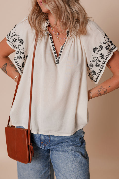 White Floral Embroidered Short Sleeve V Neck Blouse