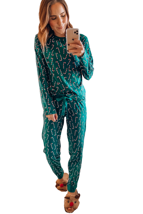 Green Christmas Candy Cane Printed Top and Pants Lounge Set