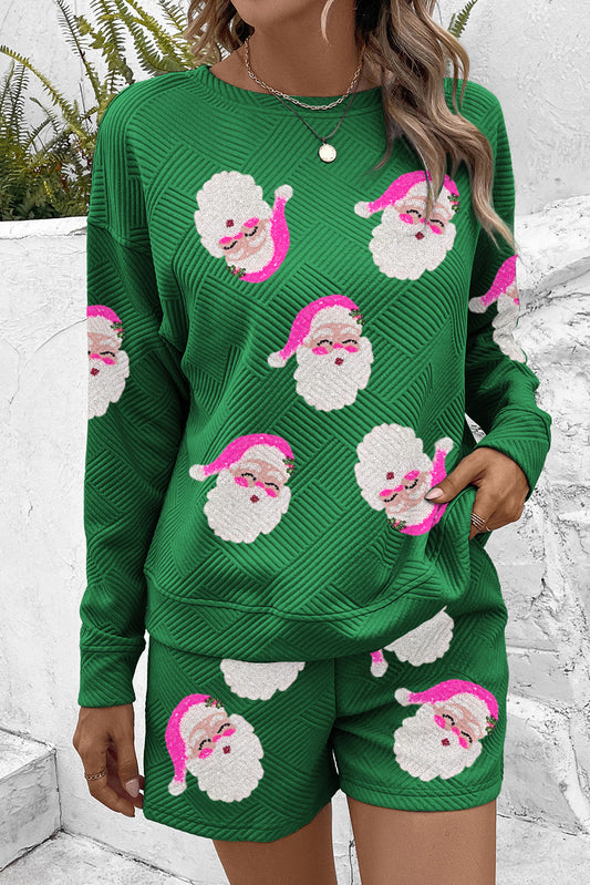 Green Santa Clause Pattern Textured Pullover and Shorts Casual Outfit