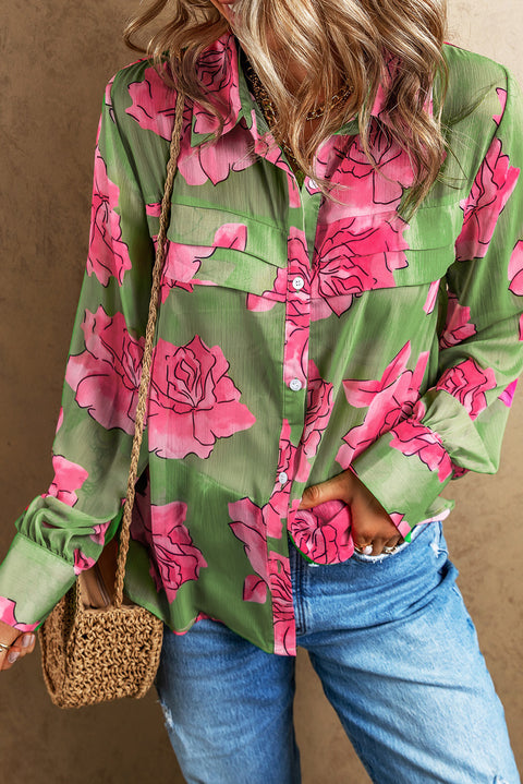 Camisa con manga abullonada y detalle plisado con estampado floral verde