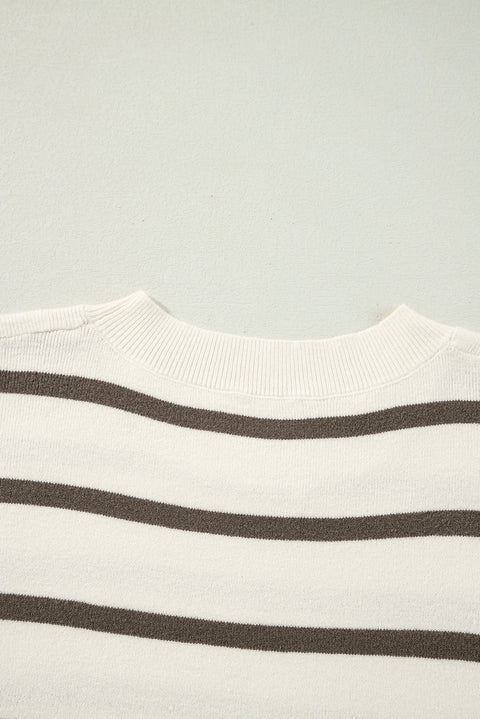 Brown Stripe Side Slits Crewneck Short Sleeve Sweater Tee