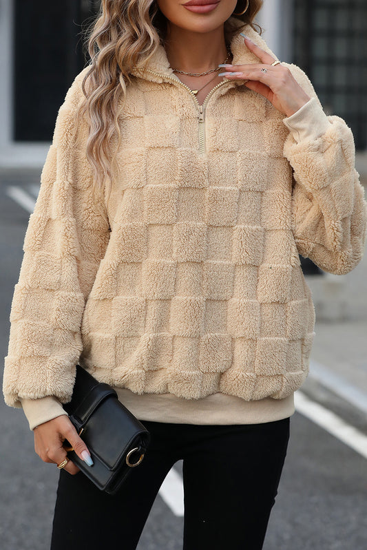 Apricot Checkered Plush Quarter Zipper Pullover Sweatshirt