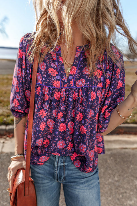 Purple Floral Half Sleeve Split Neck Blouse Top