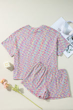 Multicolour Printed Ribbed Knit T Shirt and Shorts Lounge Set