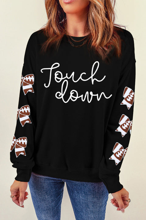 Black touch down Graphic Rugby Football Bowknot Patched Sleeve Sweatshirt