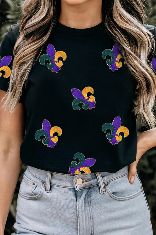 Black Chenille Mardi Gras Pattern Patched Crew Neck Tee