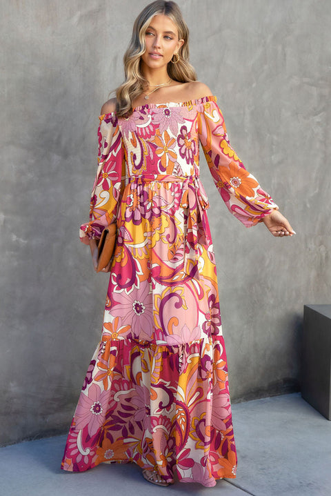 Multicolour Boho Floral Smocked Off Shoulder Puff Sleeve Maxi Dress