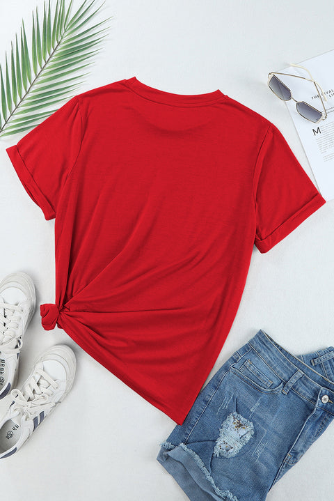 Red USA Stars Print Round Neck Casual Tee