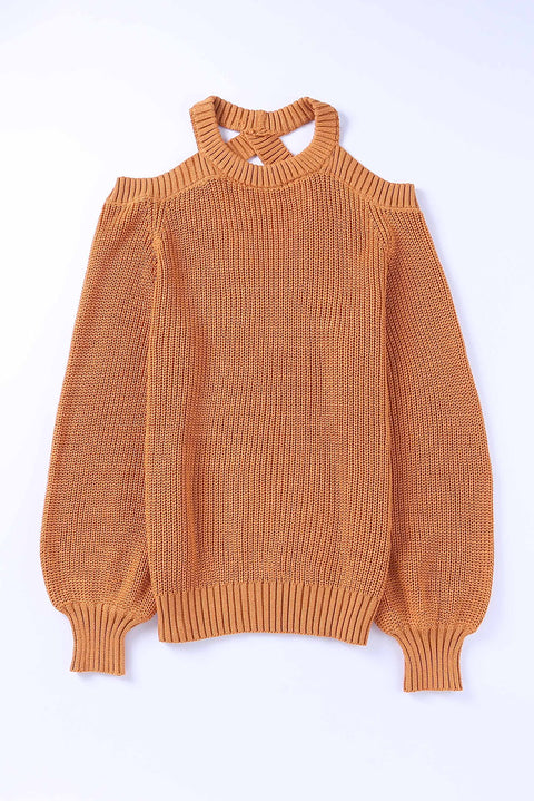 Crew Neck Cold Shoulder Hollow-out Back Sweater