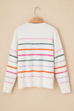 White Colorful Striped Ribbed Trim Sweater