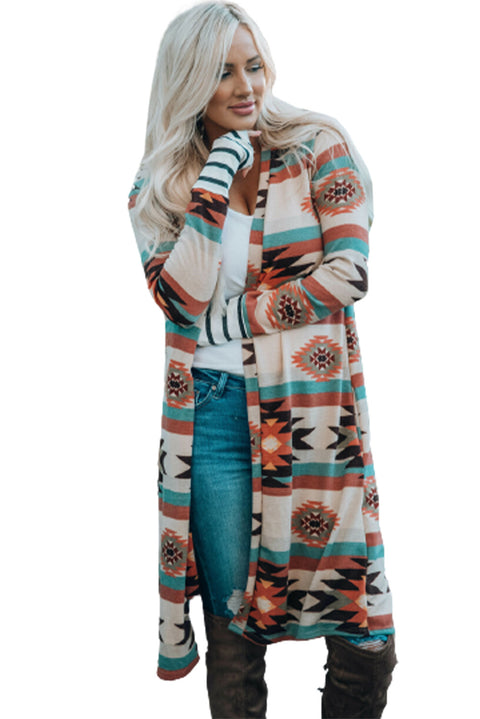 Multicolor Geometric Color Block Open Front Long Cardigan