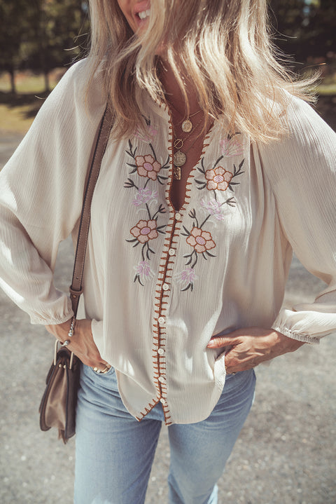 Beige Floral Embroidered Textured Puff Sleeve Loose Shirt