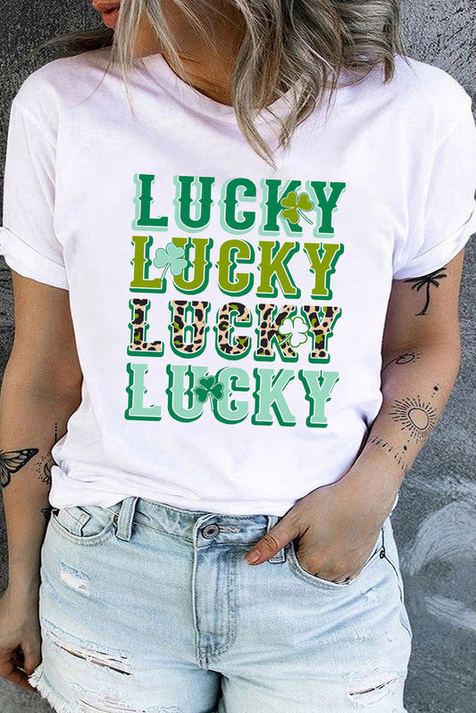 White Plus Multi LUCKY Graphic St. Patricks Clover T-shirt