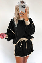 Black Color Contrast Loose Pullover and Lace-up Waist Skort Set