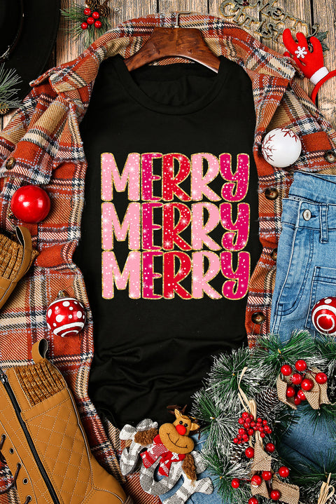 Black Heat Transfer Printing MERRY Letter Christmas Graphic Tee