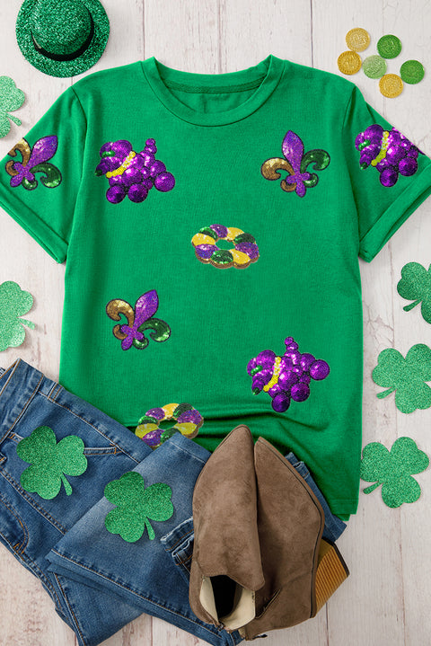 Bright Green Mardi Gras Sequin Patched Graphic Tee