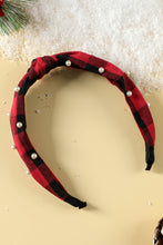 Red Dahlia Pearl Decor Christmas Plaid Knotted Headband