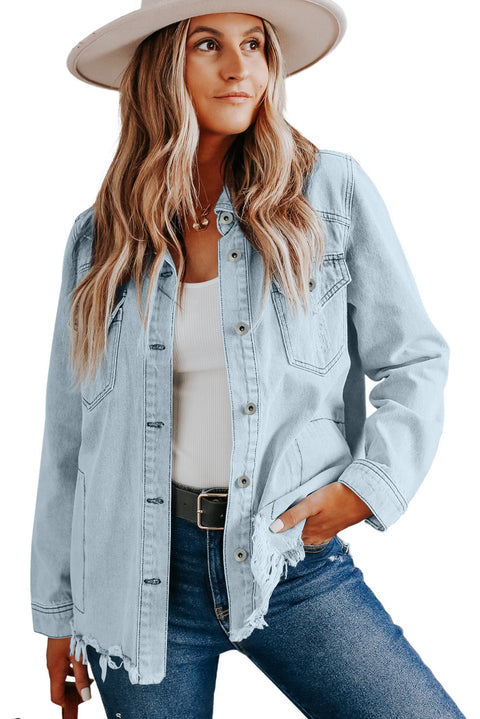 Sky Blue Flap Pocket Buttoned Raw Hem Denim Jacket