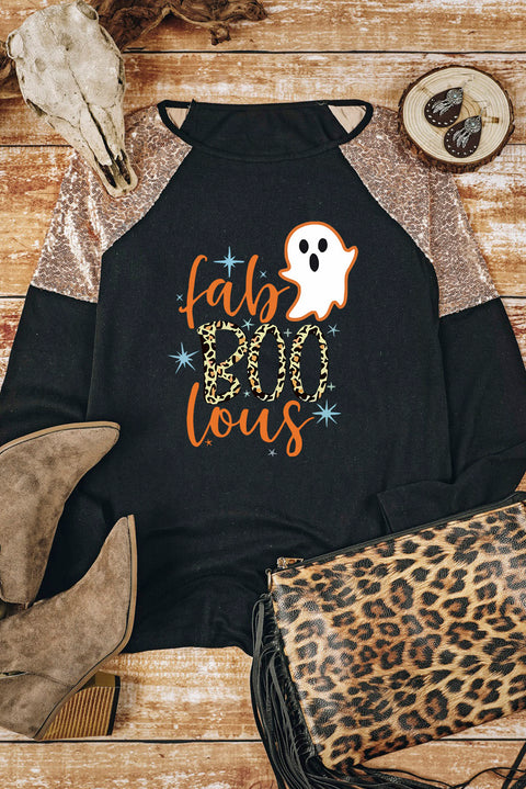 Black Leopard Boo Ghost Graphic Sequin Raglan Sleeve Top