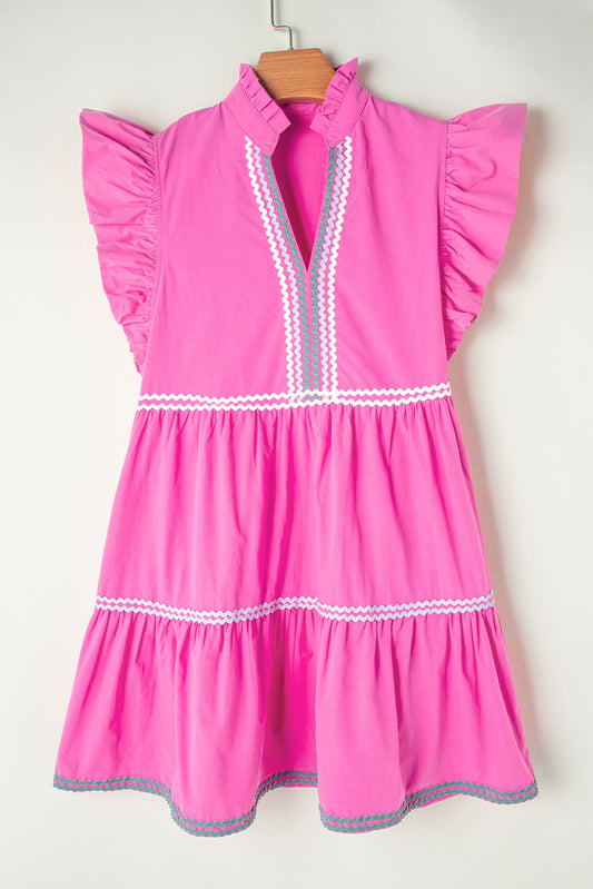 Strawberry Pink Ric Rac Colorblock Flutter Sleeve V Neck Tiered Dress