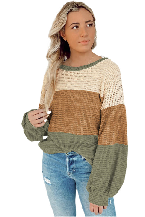 Green Stripe Textured Color Block Bubble Sleeve Baggy Top