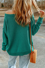 Green Solid Color Off Shoulder Rib Knit Sweater with Pocket