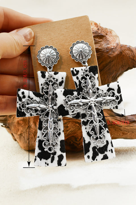 Silvery Cow Spots Faith Cross Western Fashion Dangle Earrings