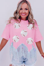 Pink Fringed Sequin Baseball Crop T Shirt