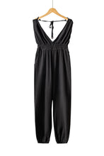 V Neck Knotted Shoulder Backless Pocket Jumpsuit