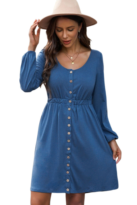 Button Up High Waist Long Sleeve Dress