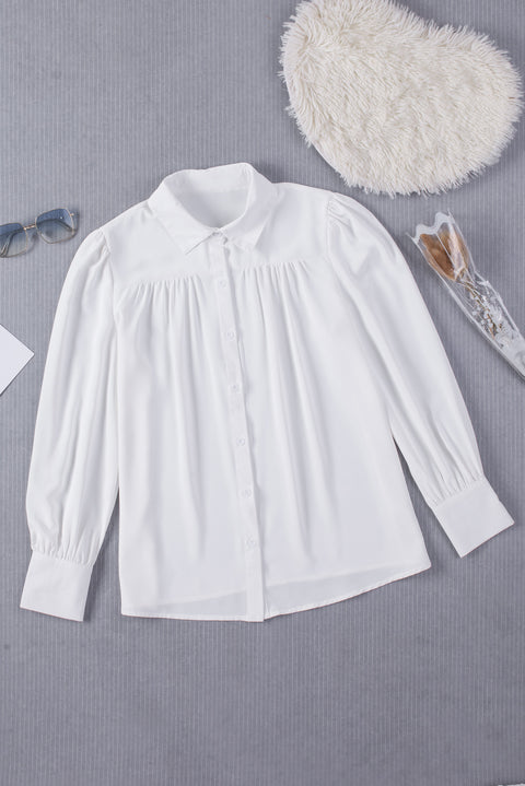 Solid Color Button Up Puff Sleeve Blouse