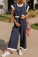 Navy Blue Color Block Pocketed T Shirt and Wide Leg Pants Set