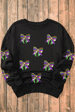 Black Sequin Mardi Gras Bow Graphic Drop Shoulder Pullover Sweatshirt