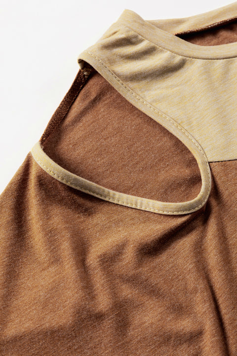 Brown Asymmetric Cut out Colorblock T Shirt