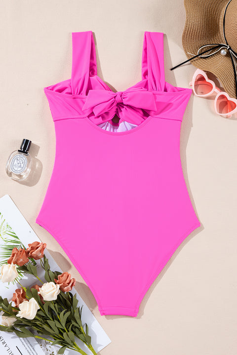 Bright Pink Cut out Twist Bowknot Backless One Piece Swimsuit