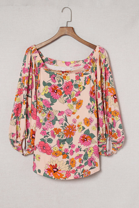 Water Painting Flowers Puff Sleeve Blouse