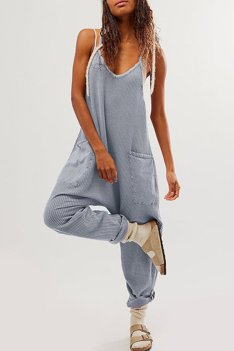 Gray Waffle Knit Spaghetti Straps Loose Fit Jumpsuit