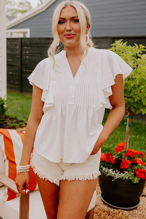 White V Neck Pleated Front Ruffled Sleeve Shirt