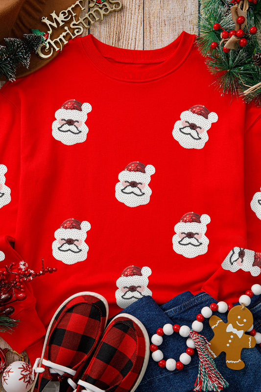 Red Sequin Santa Clause Patched Christmas Pullover Sweatshirt